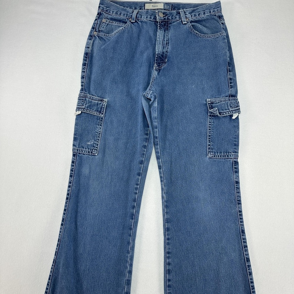 Vintage Gap Cargo Flare Jeans Womens 12 Blue High Rise Relaxed USA Y2K Denim